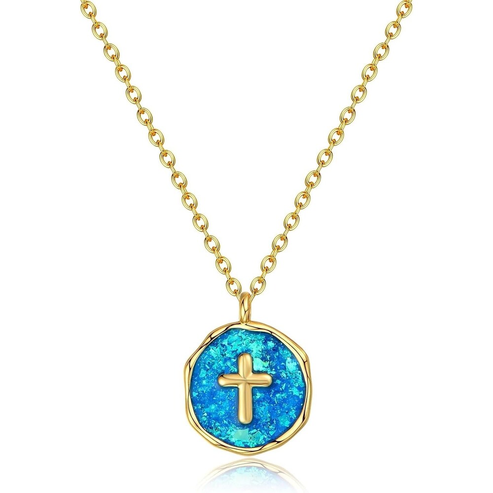 Blue Opal Enamel Mini Cross Pendant Necklace 14K Gold Plated 13mm for Women